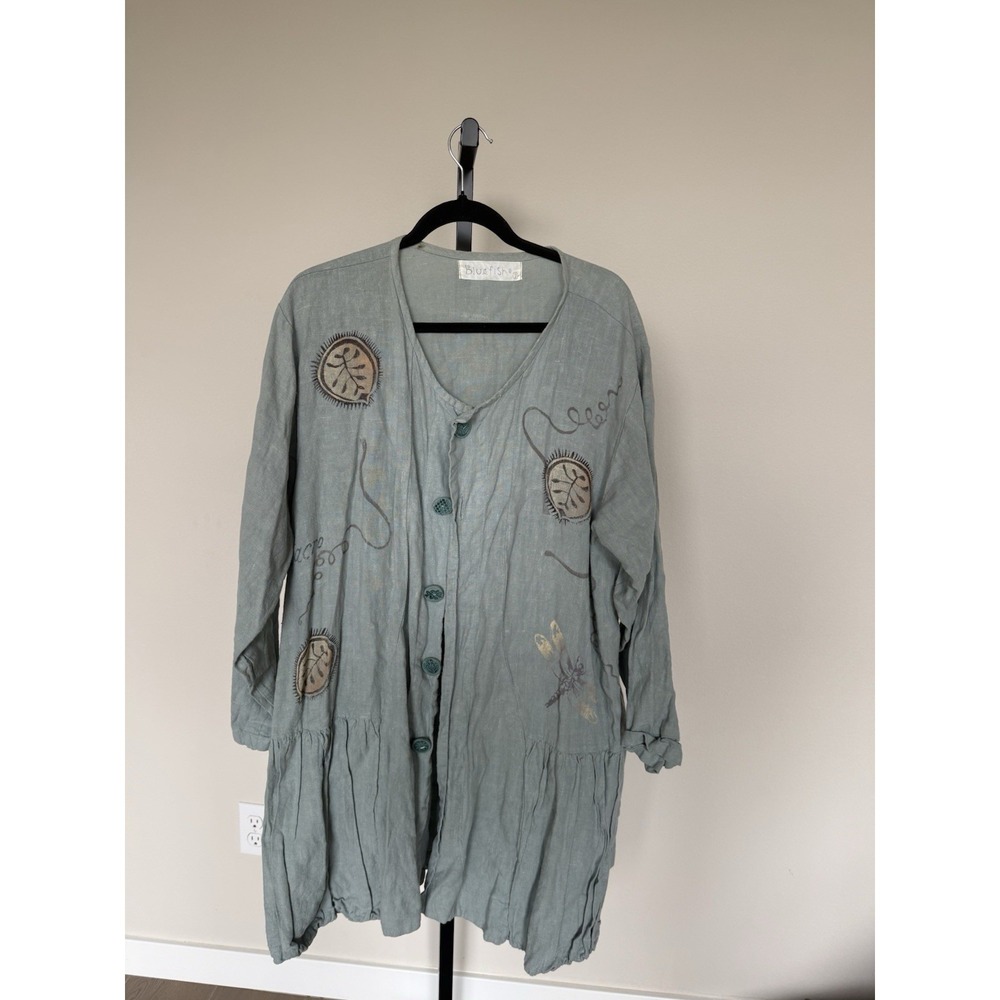VTG Blue Fish Linen Dragonfly Botanical Naturalist Dress Artsy‎ Lagenlook 90s 22